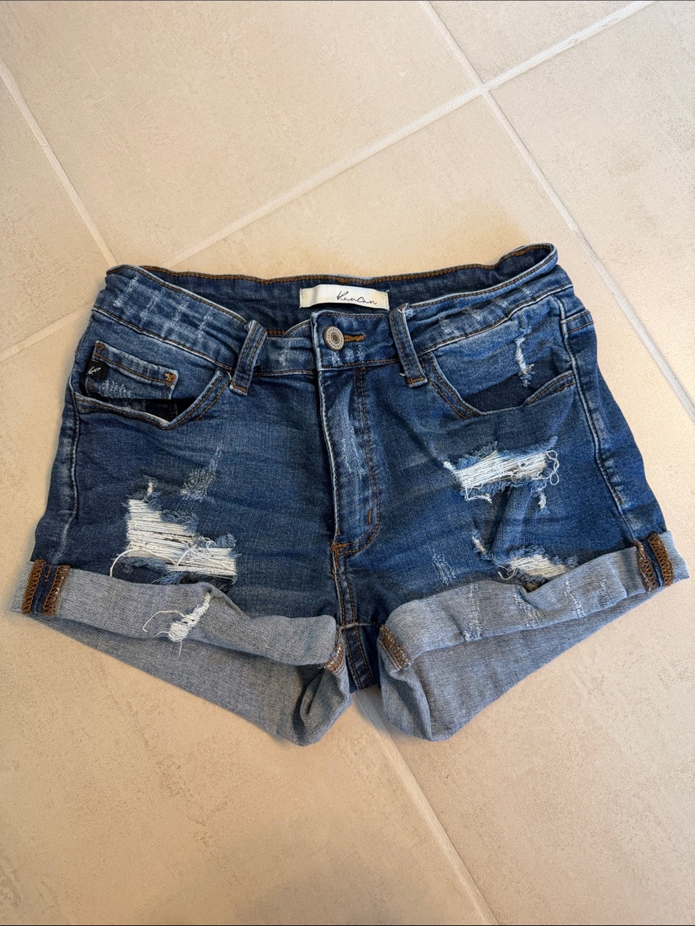 KanCan Dark Blue Distressed Roll-Cuff Jean Shorts